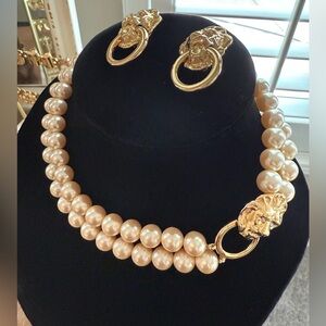KJL Vintage Faux Pearl with Lion Motif and Matching Earrings EUC